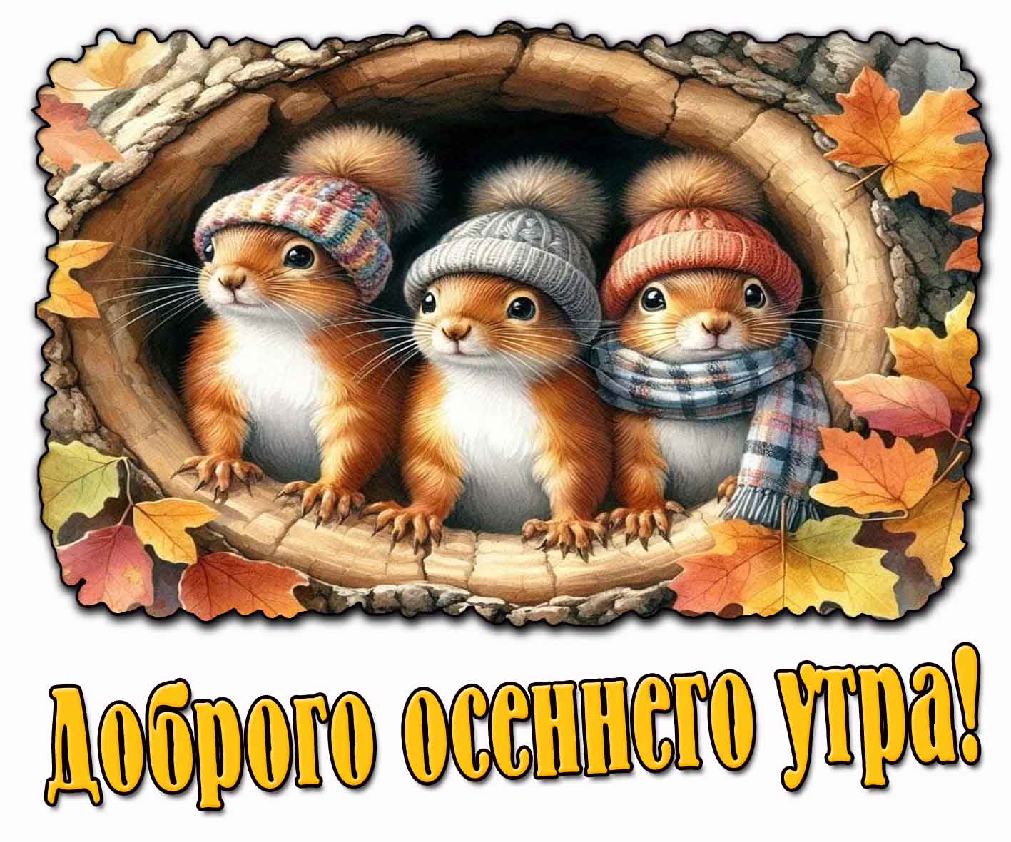 Доброго осеннего утра! - прикольная открытка с белками