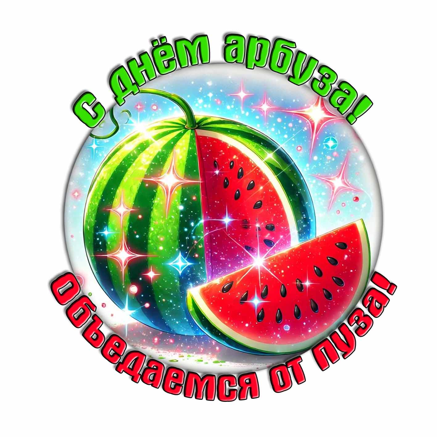 Открытка - поздравление "С днём арбуза! Объедаемся от пуза!"