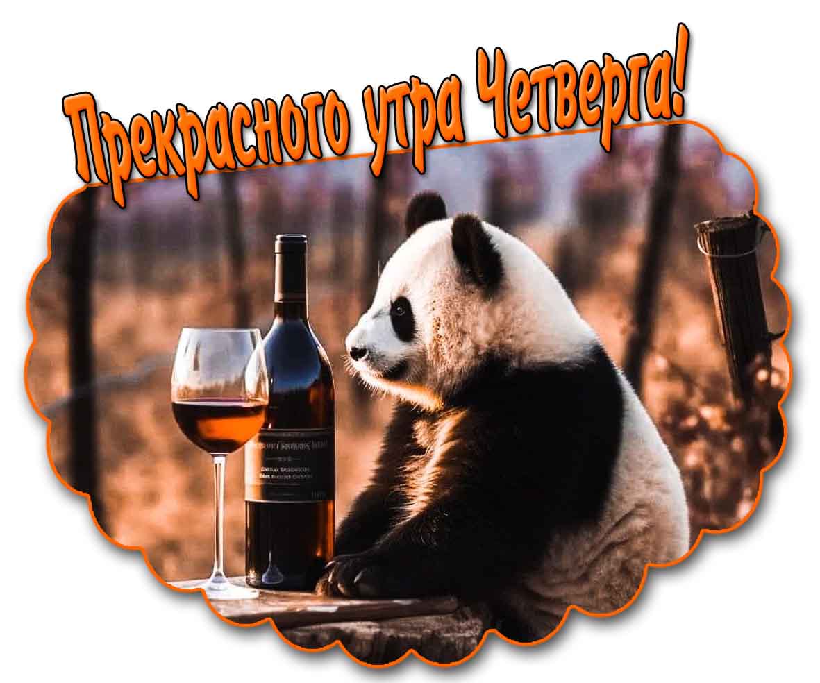 Прекрасного утра четверга! - открытка с пандой и вином
