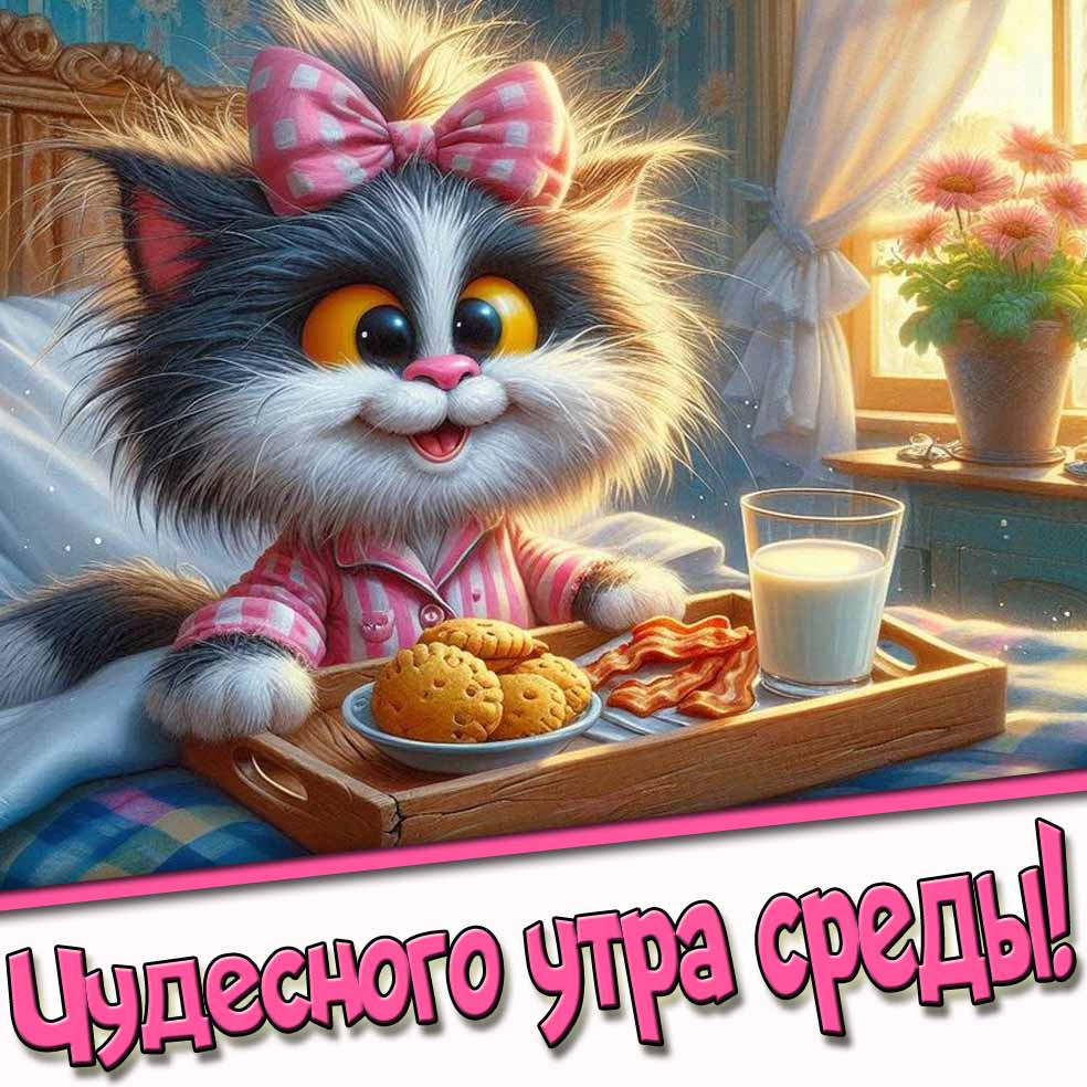 Чудесного утра Среды! - открытка с кошкой и завтраком