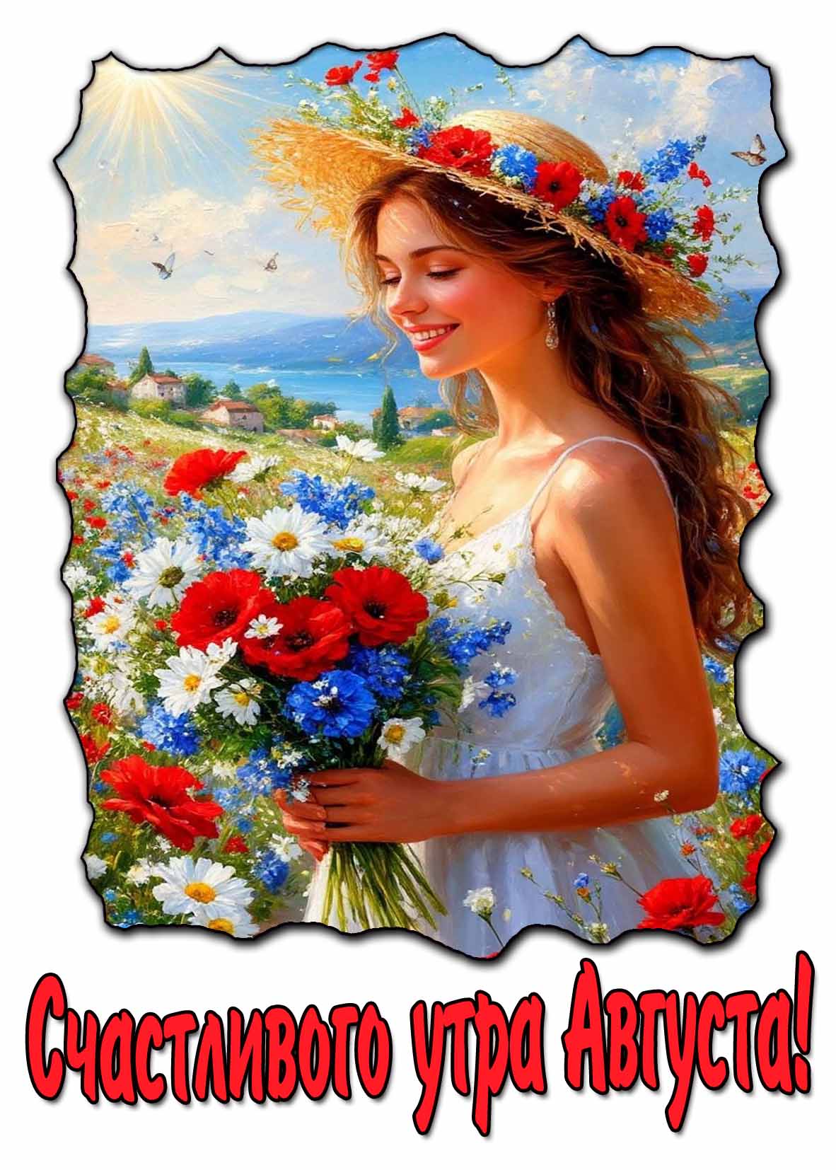 Счастливого утра Августа! - открытка с девушкой с цветами