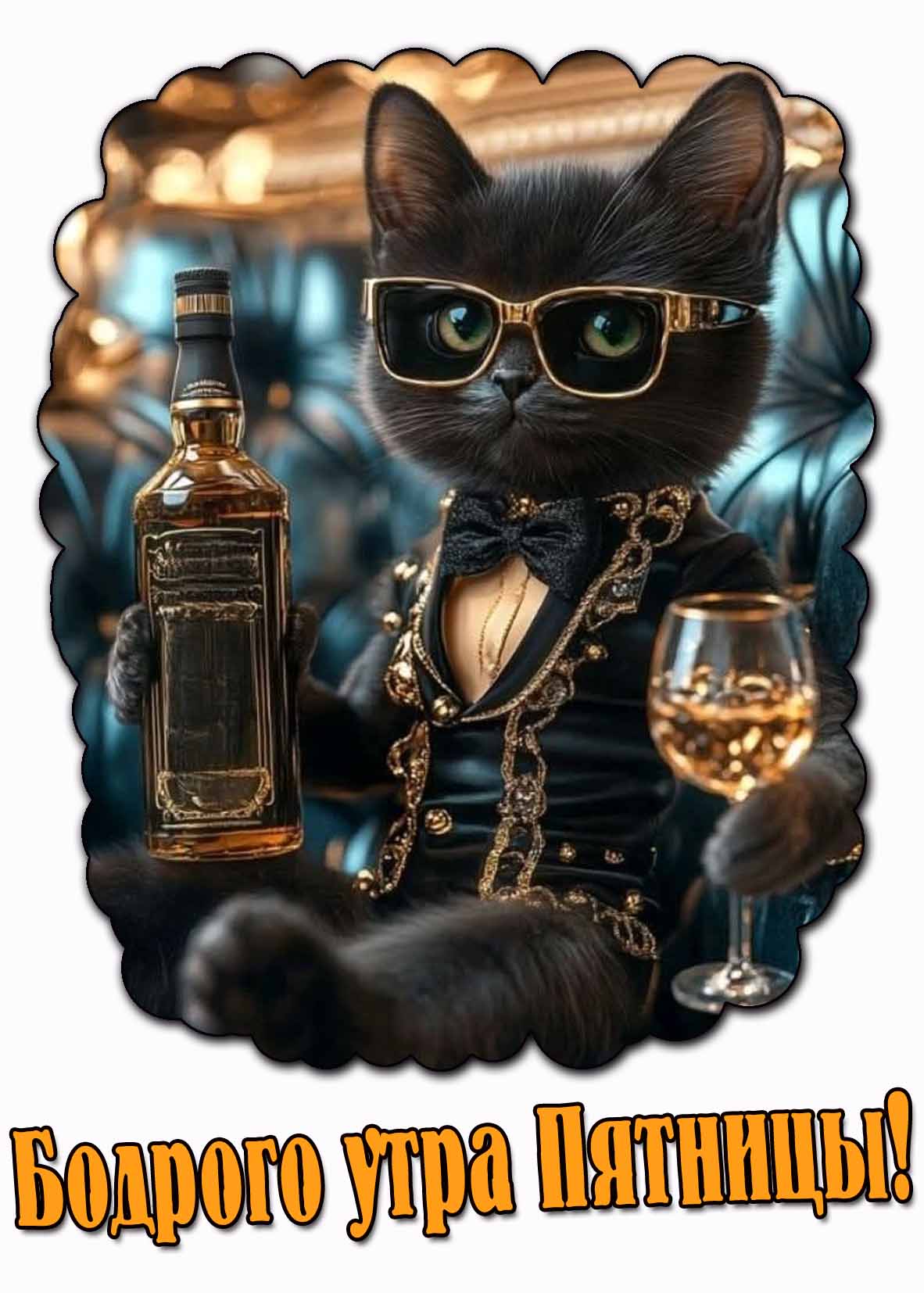 Бодрого утра Пятницы! - смешная открытка с котом и алкоголем