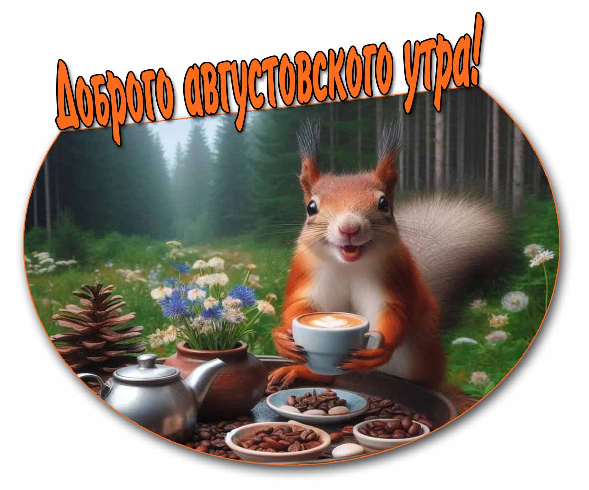 Доброго августовского утра! - картинка с белкой и кофе