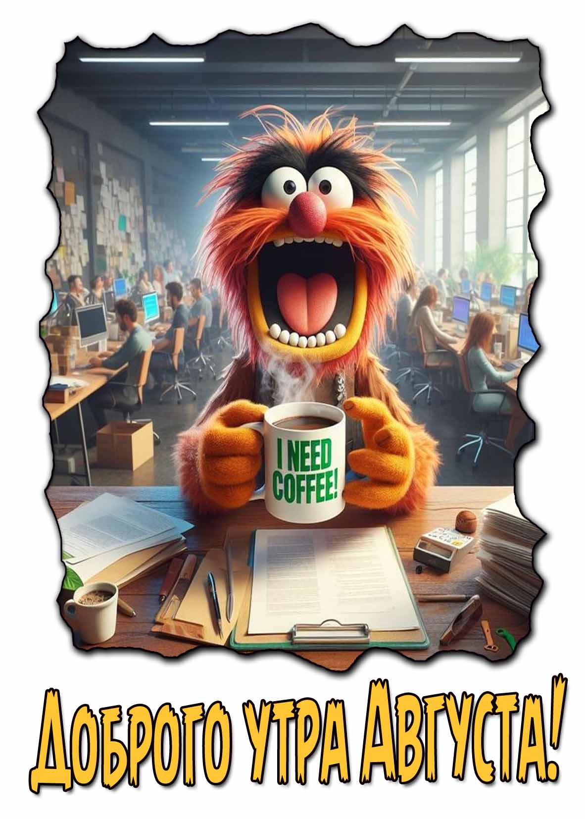 Смешная открытка "Доброе утро Августа! I Need Coffe!"