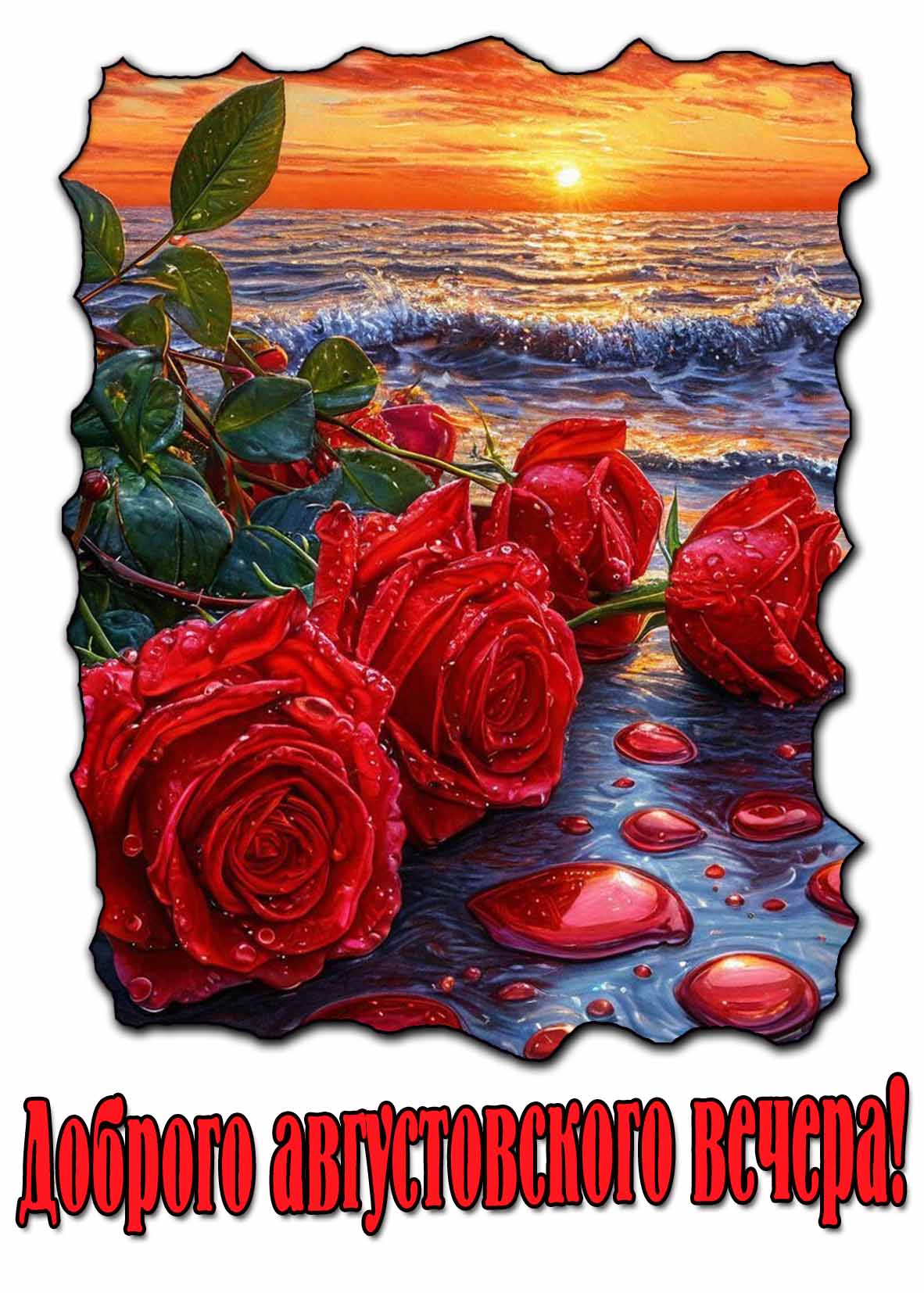 Доброго августовского вечера! - красивая открытка с розами
