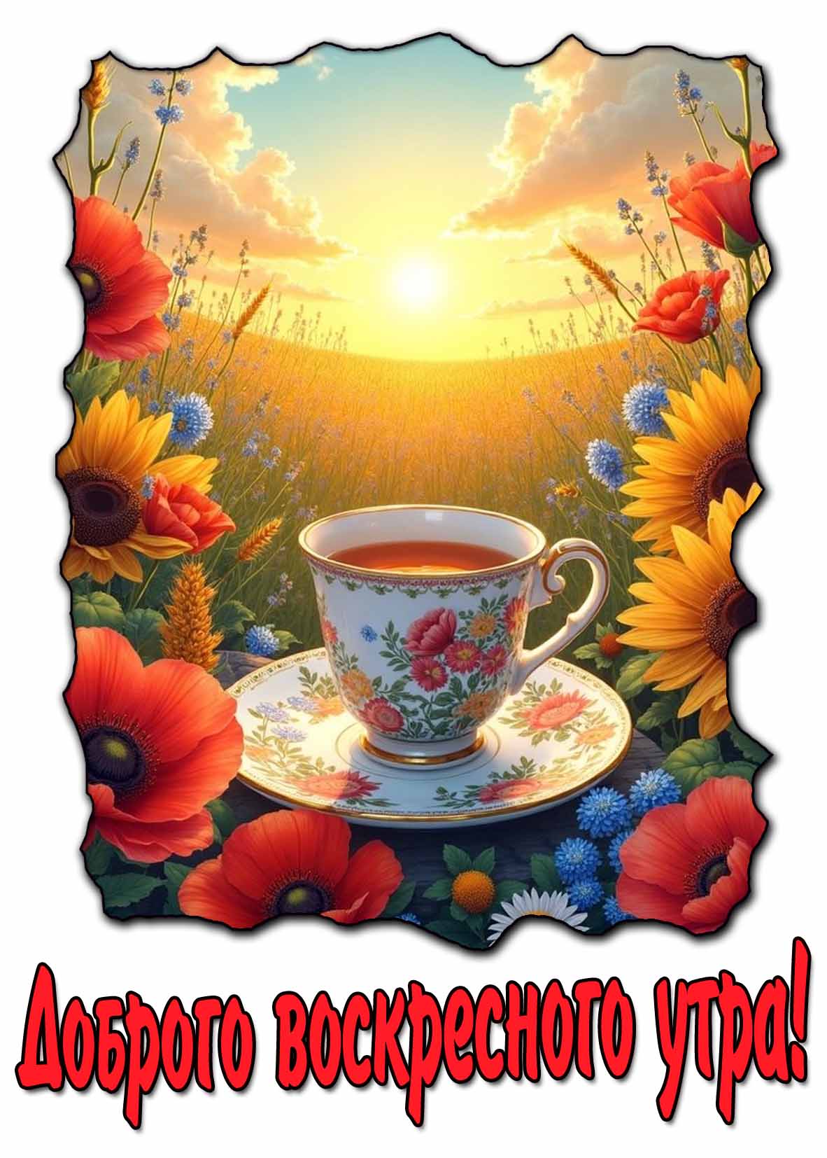 Открытка доброго воскресного утра! - с цветами и чаем