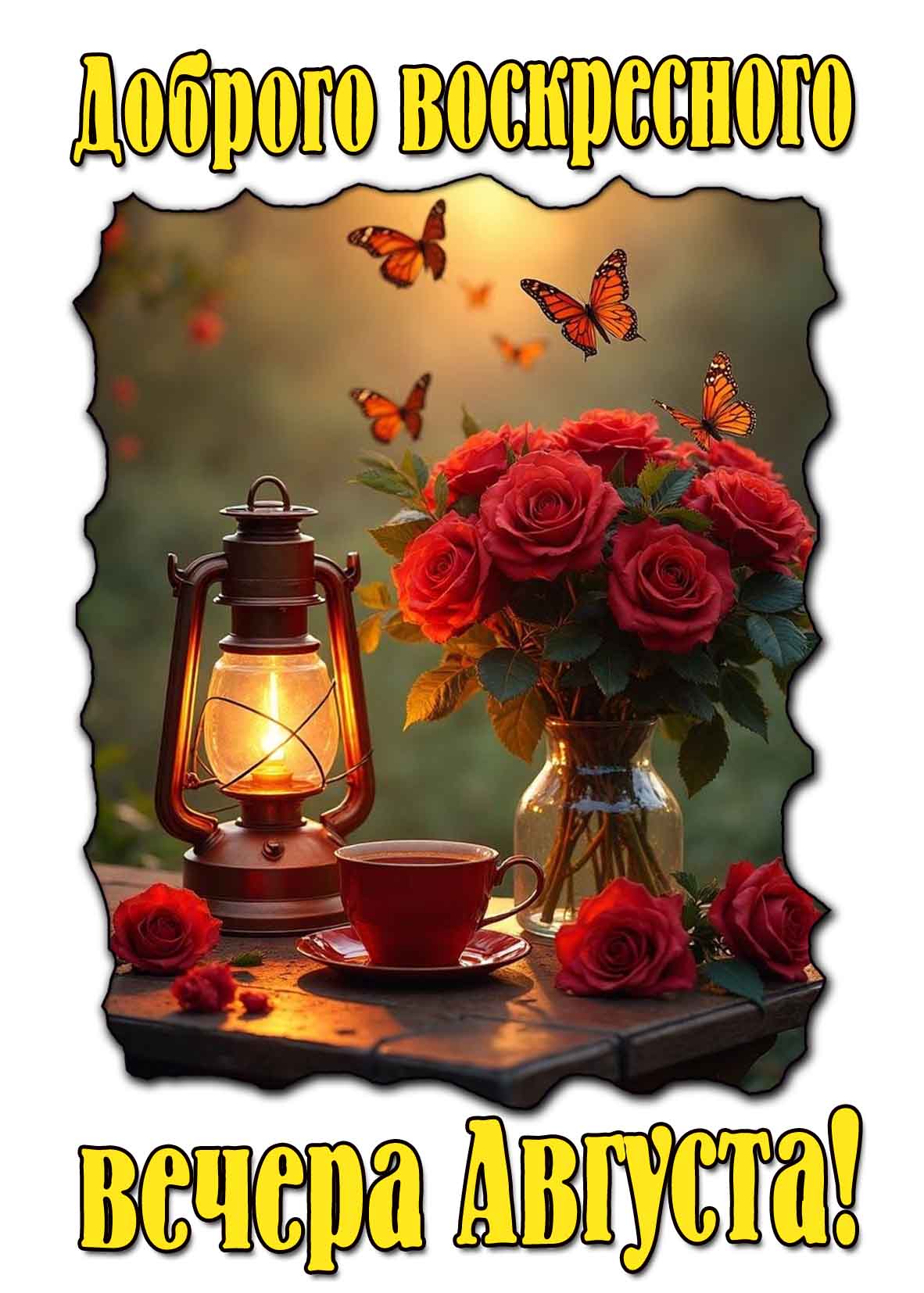 Доброго воскресного вечера Августа! - открытка с розами