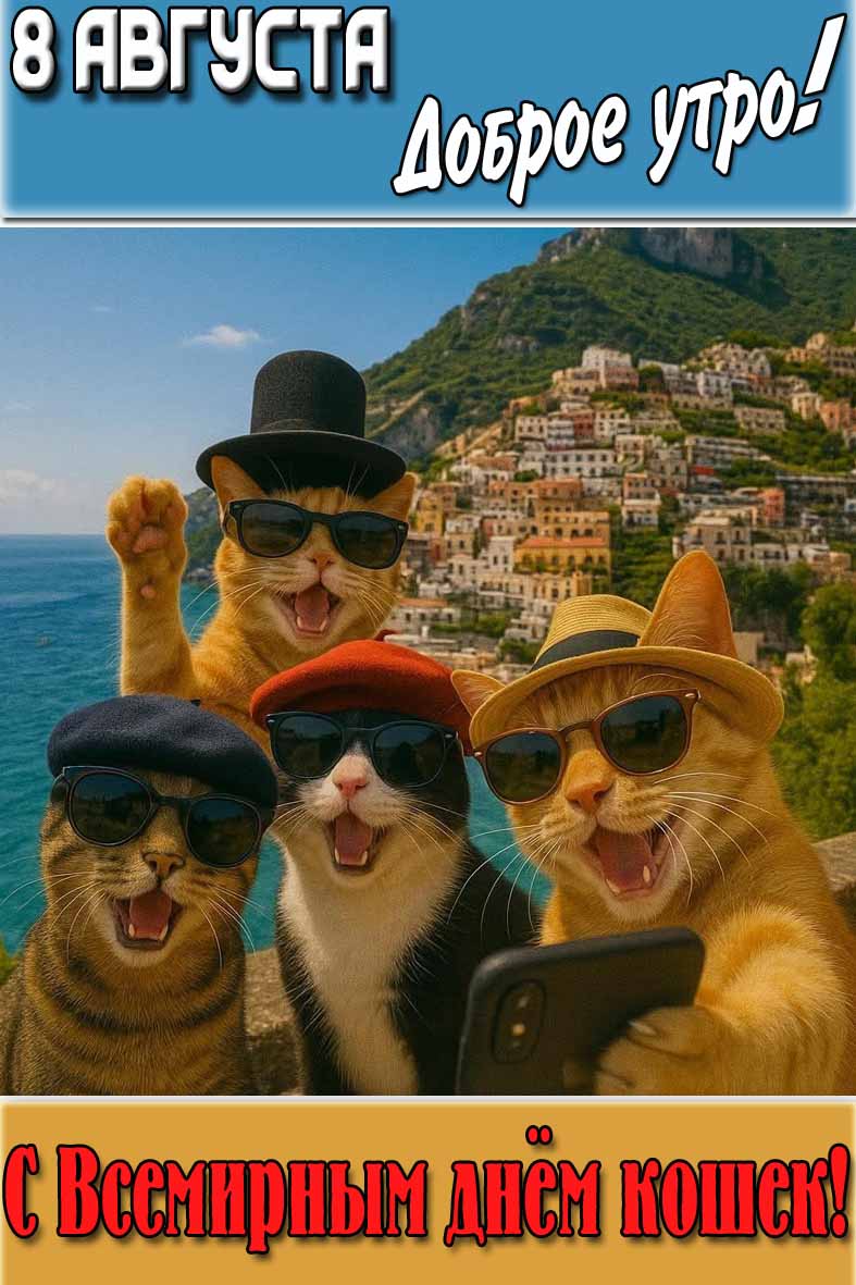 Прикольная открытка "8 августа доброе утро! С Всемирным днём кошек!"