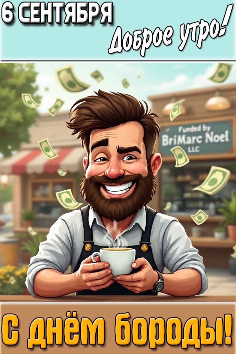 Вертикальная прикольная открытка с надписью : "6 сентября доброе утро! С днём бороды!".