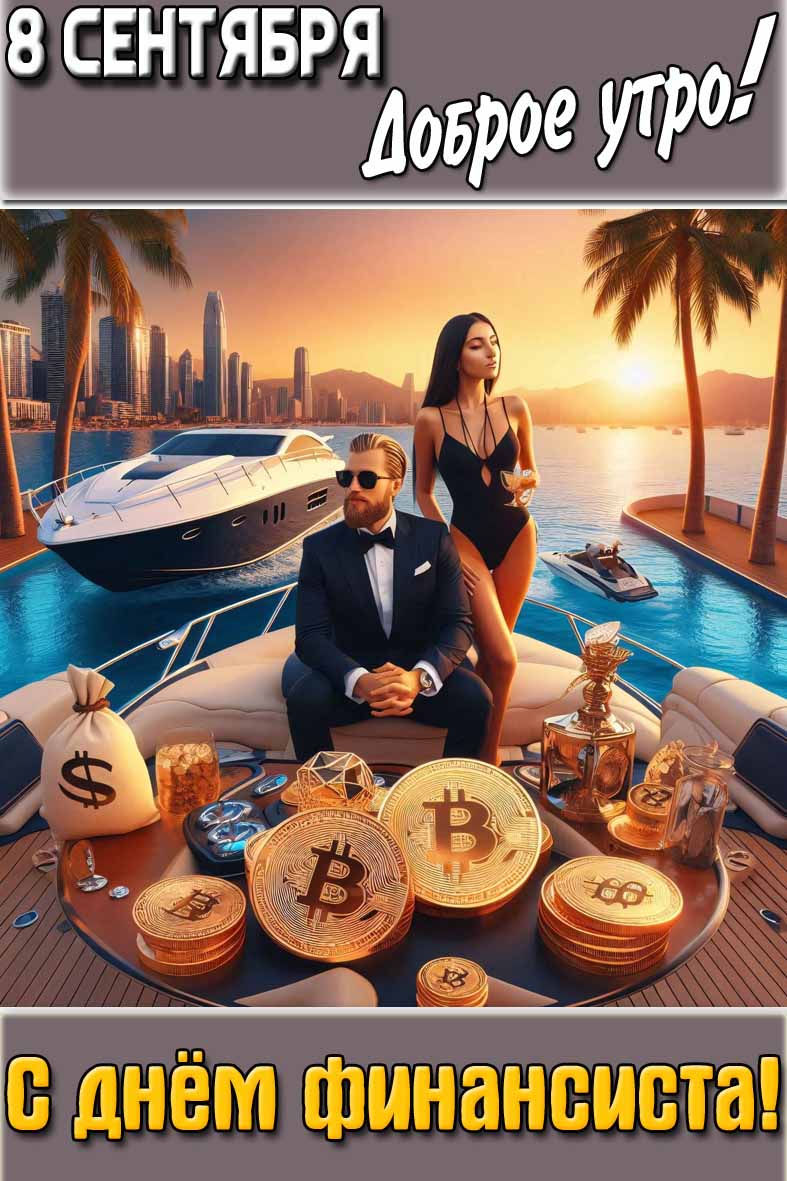 Картинка с крутым мужиком с красивой (секси) девушкой в купальнике на фоне яхты и биткоином и с надписью : "8 сентября доброе утро! С днём финансиста!". Красивая картинка "8 сентября доброе утро! С днём финансиста!"