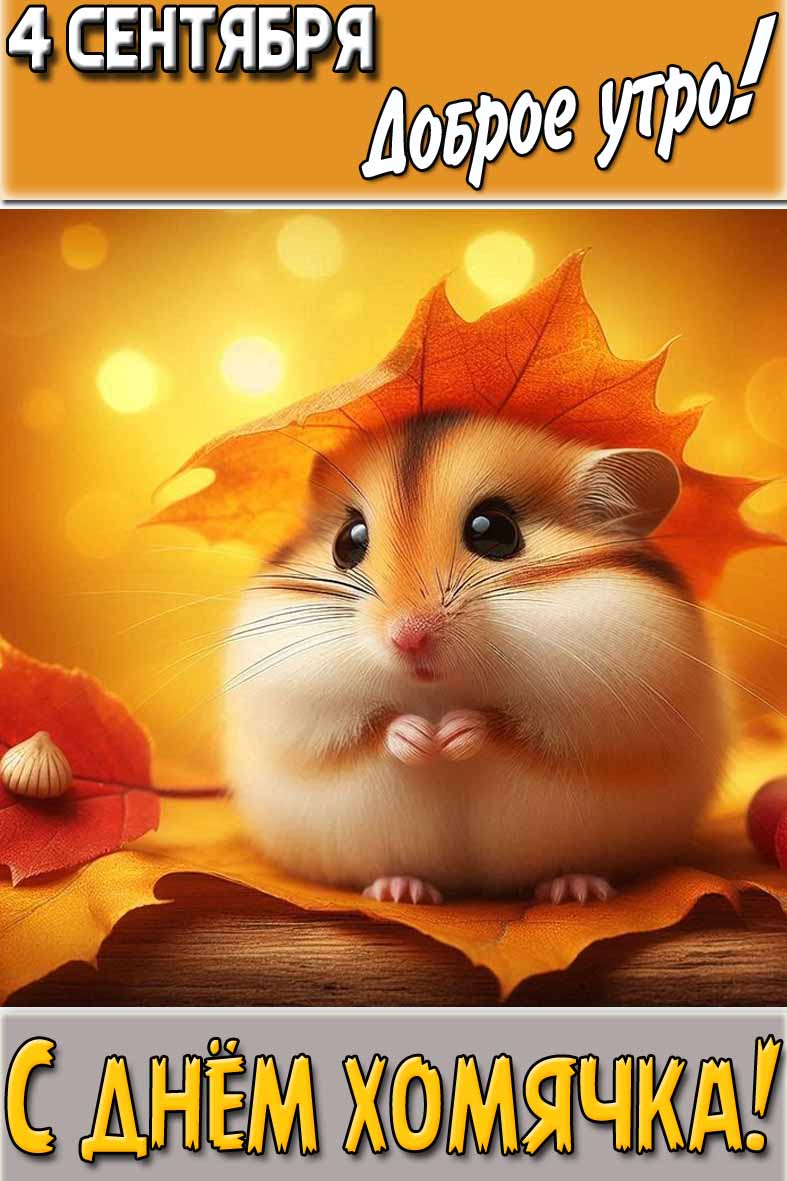 Милая осенняя картинка с надписью : "4 сентября доброе утро! С днём хомячка!".