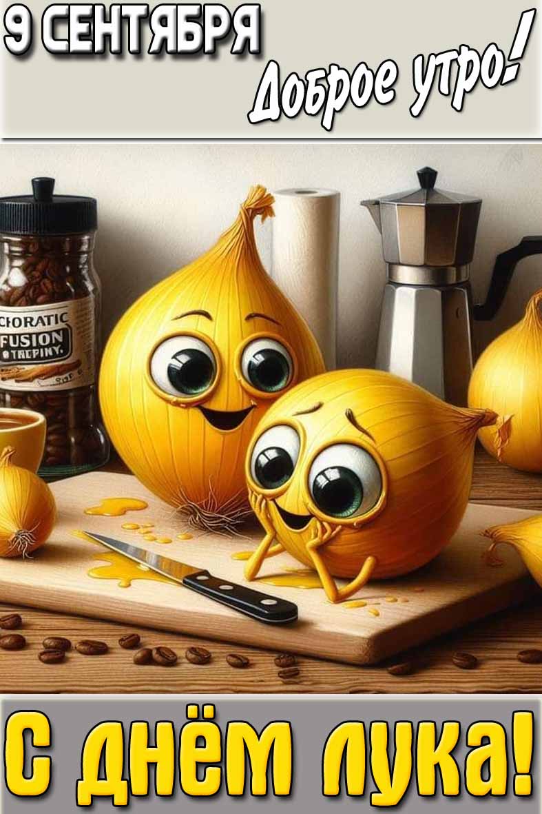 Прикольная мультяшная картинка с надписью : "9 сентября доброе утро! С днём лука!".