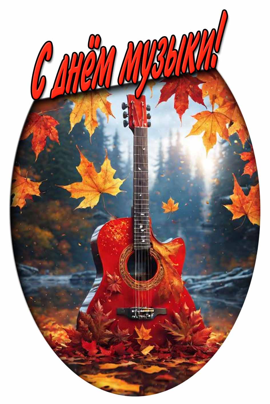 С днём музыки! - осенняя открытка с гитарой