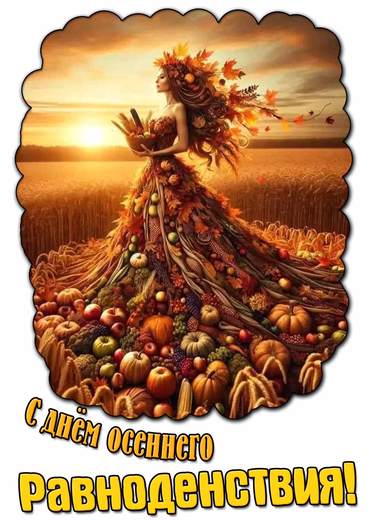 Креативная и красивая картинка с девушкой в платье из осенне-летних овощей и надписью для поздравления с днём осеннего равноденствия! Красивая картинка с днём осеннего равноденствия