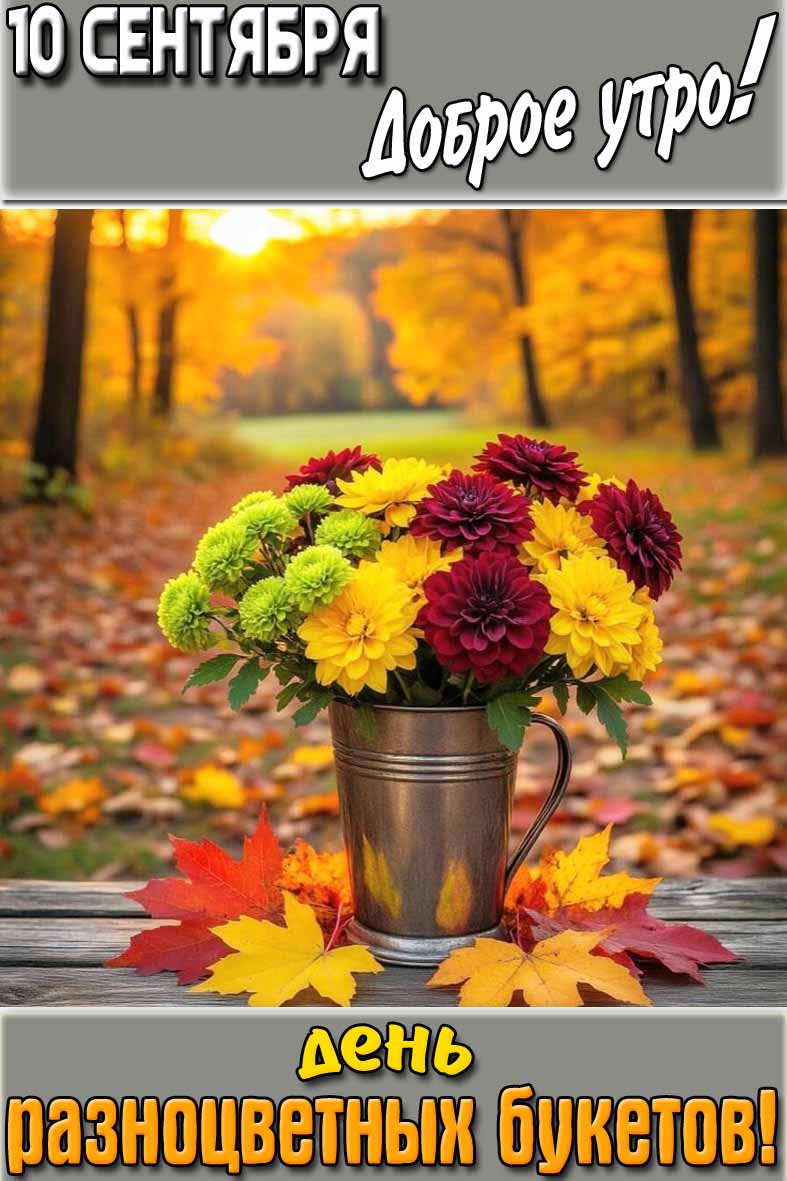 Открытка "10 сентября доброе утро! День разноцветных букетов!"