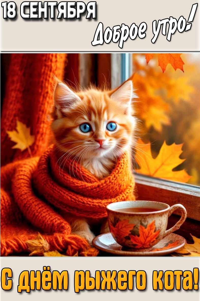 Красивая вертикальная картинка с котиком с чаем на фоне осеннего пейзажа и надписью : "18 сентября доброе утро! С днём рыжего кота!". Осенняя картинка "18 сентября доброе утро! С днём рыжего кота!"