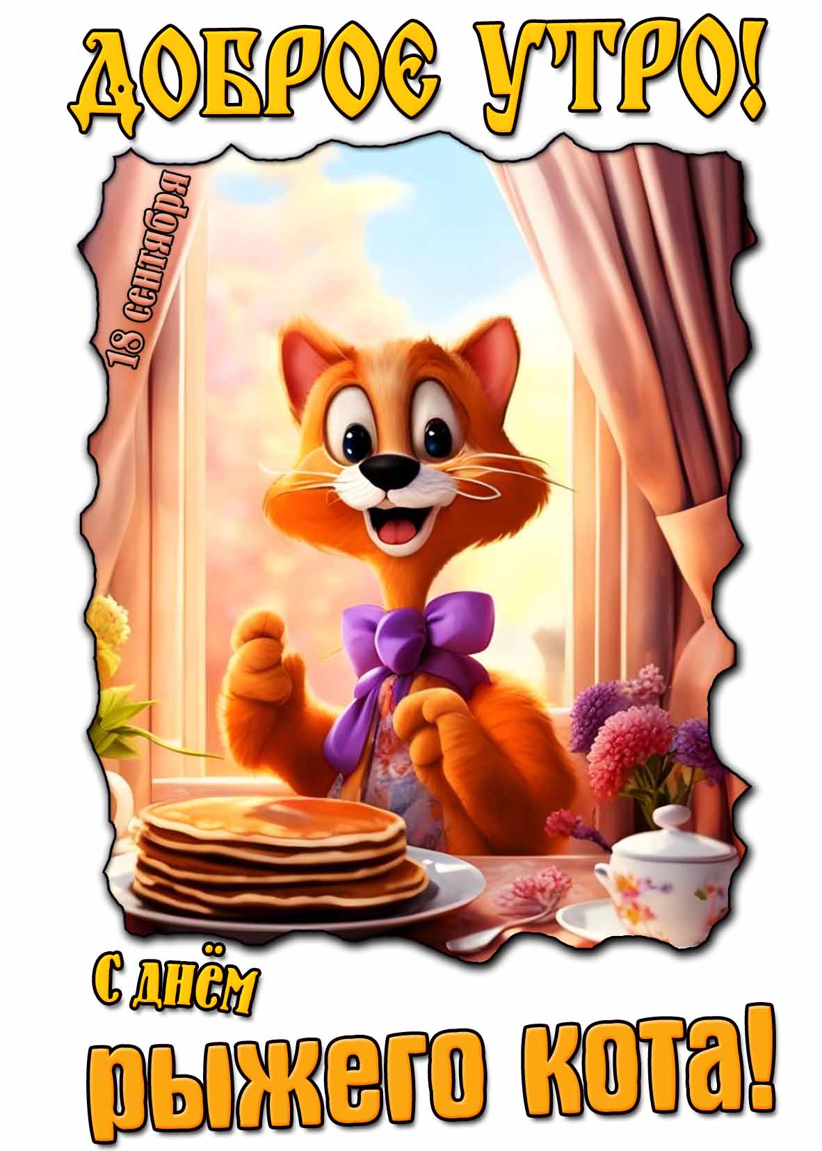 Мультяшная картинка "Доброе утро! С днём рыжего кота!" - 18 сентября
