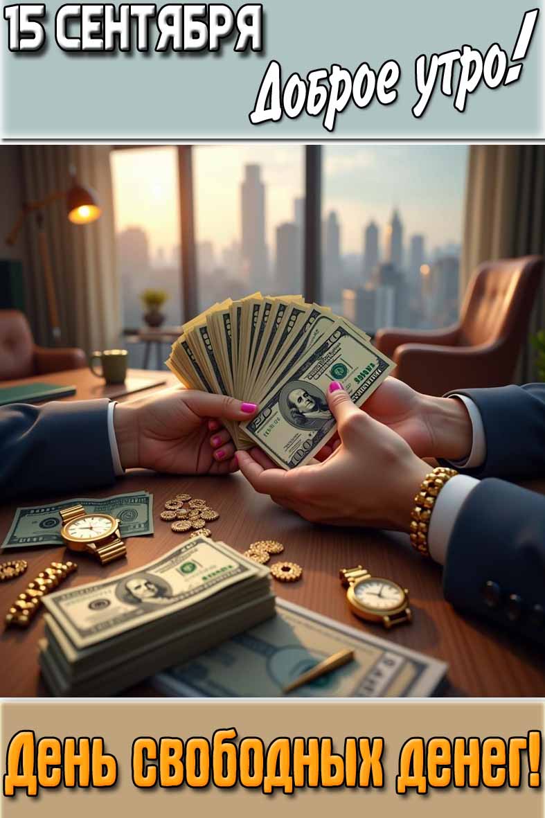 Открытка "15 сентября доброе утро! День свободных денег!"