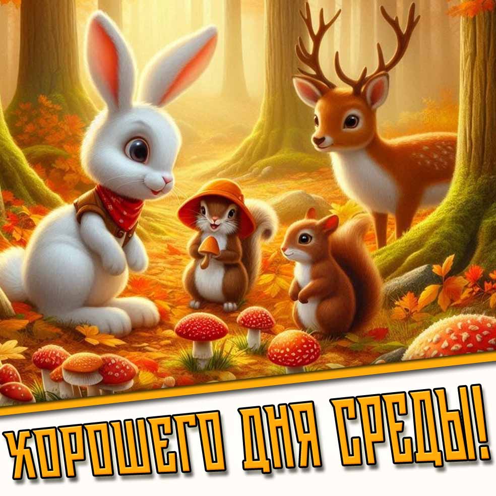 Хорошего дня среды! - осенняя открытка с животными
