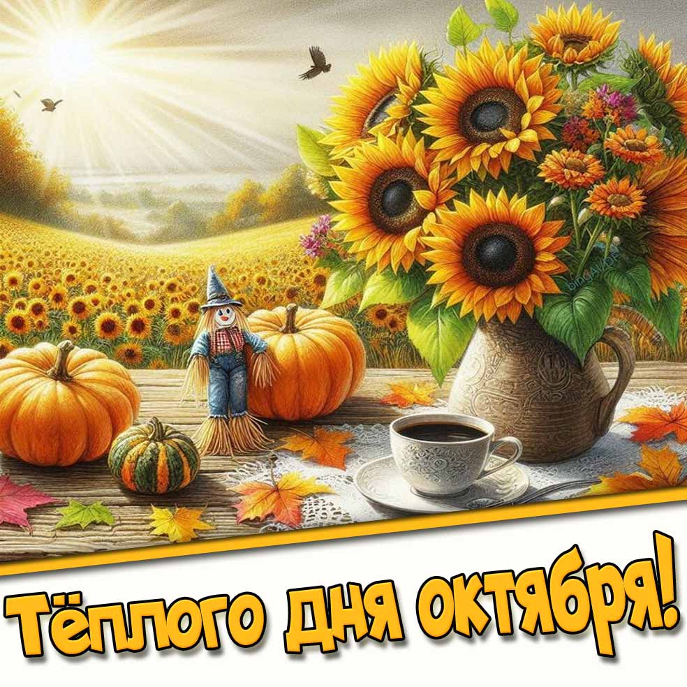 Тёплого дня октября! - открытка с подсолнухами