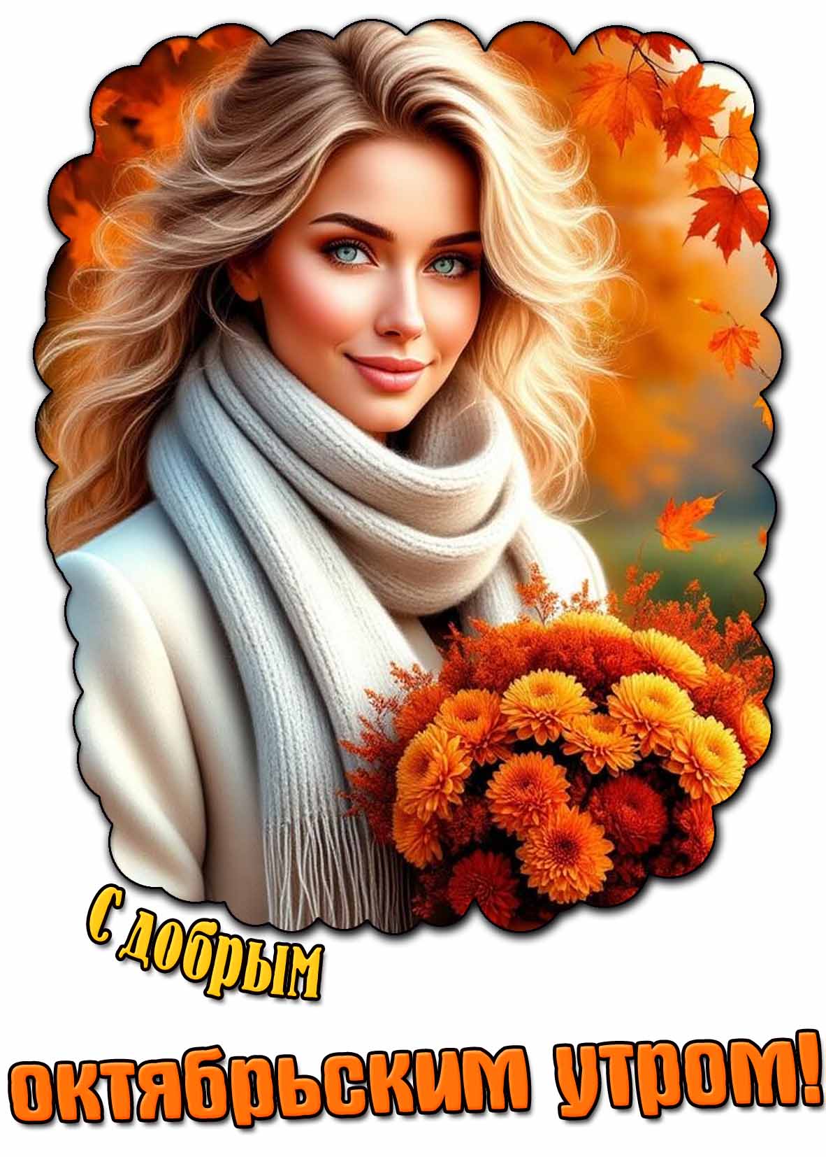 С добрым октябрьским утро! - открытка с девушкой с цветами