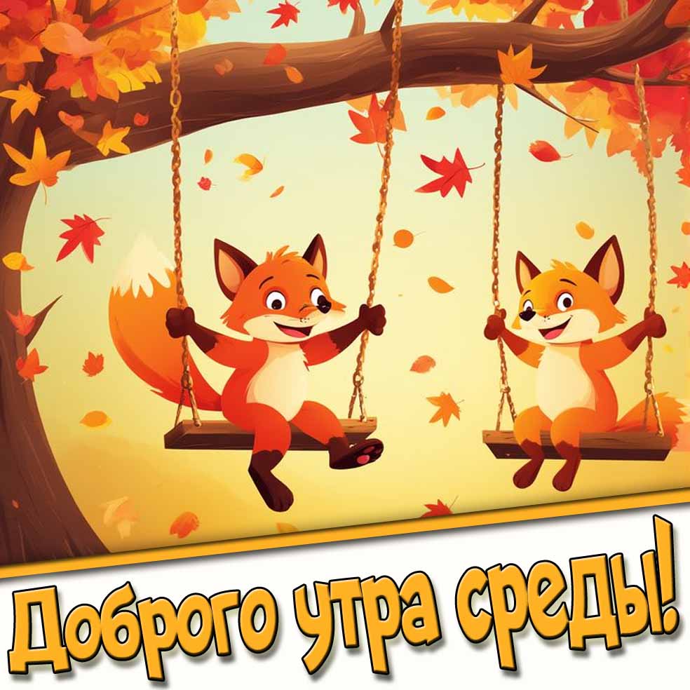 Доброго утра среды! - осенняя открытка с лисятами