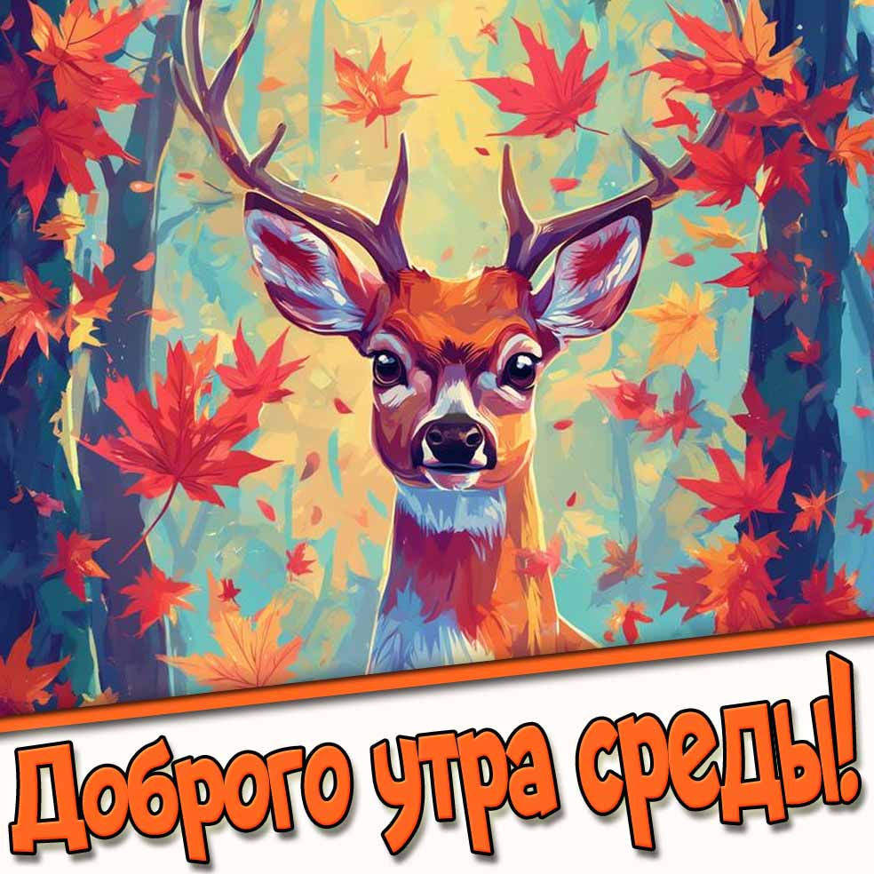 Доброго утра среды! - картинка с оленем в осеннем лесу