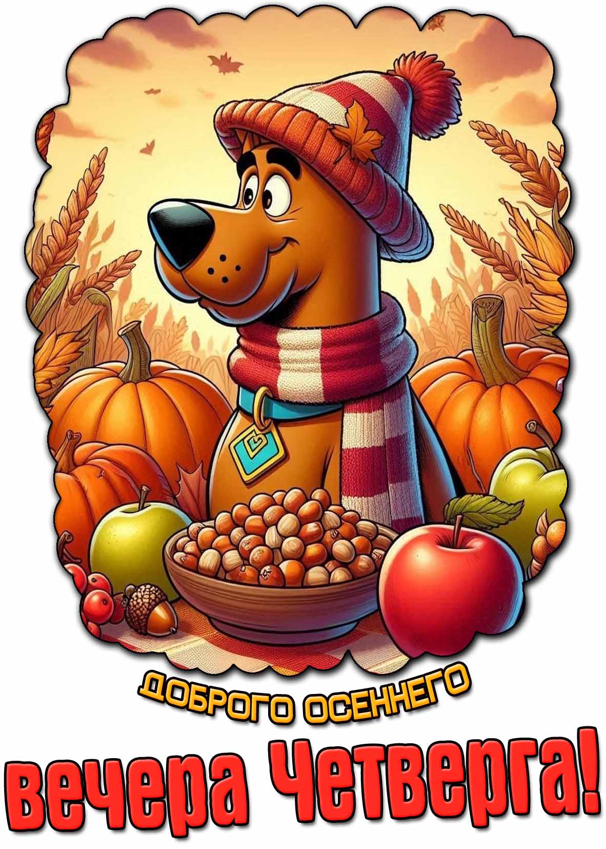 Мультяшная прикольная открытка доброго осеннего вечера четверга