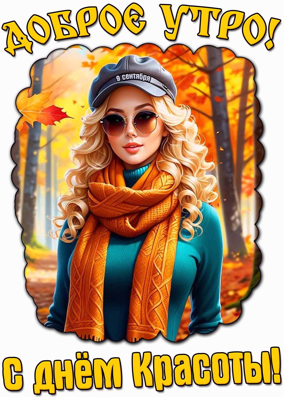 Открытка с красивой девушкой в осеннем лесу и надписью : "Доброе утро! С днём красоты!" - 9 сентября Открытка "Доброе утро! С днём красоты!" - 9 сентября