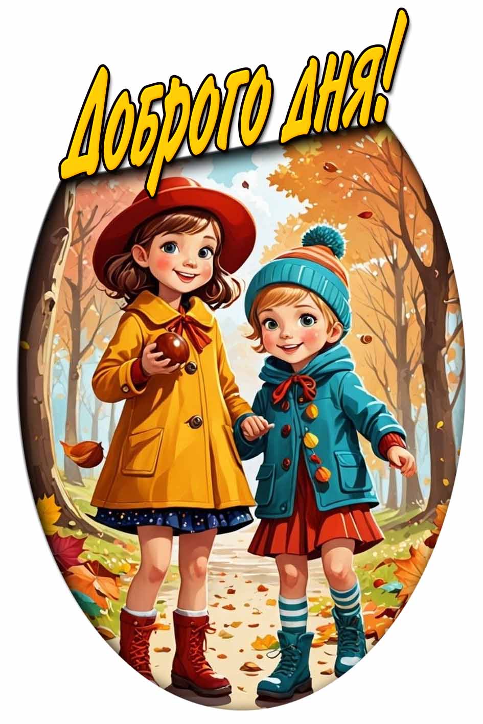 Доброго дня! - открытка с девочками в осеннем лесу