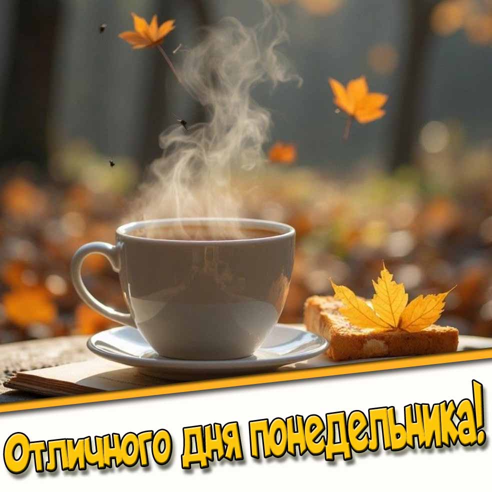 Отличного дня понедельника! - осенняя открытка с чаем