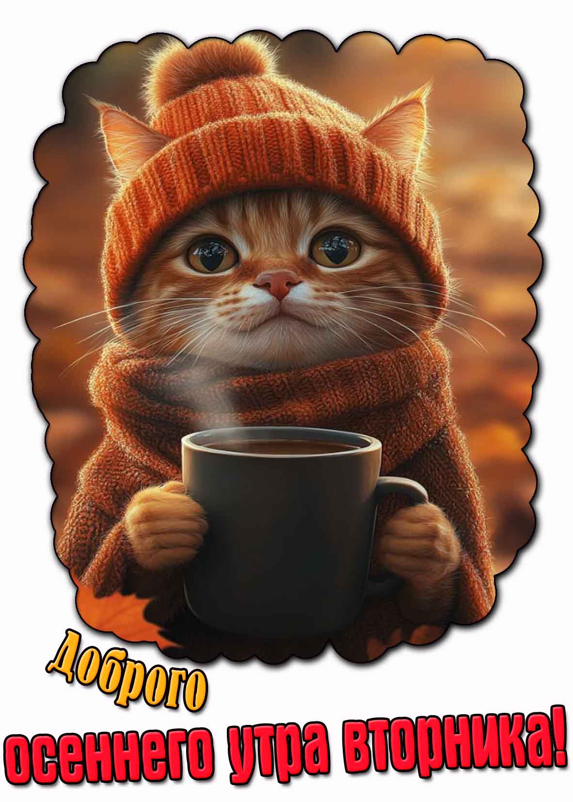 Доброго осеннего утра вторника! - открытка с котом и кофе