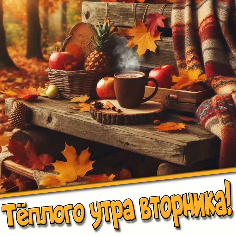 Тёплого утра вторника! - осенняя открытка с кофе