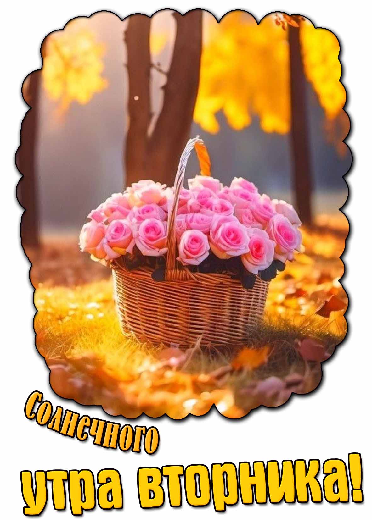 Солнечного утра вторника! - осенняя открытка с корзиной роз