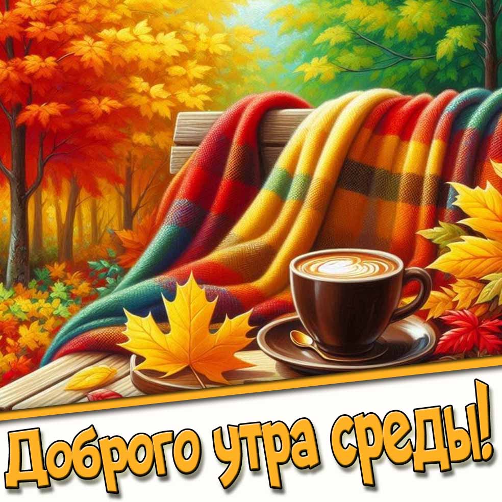 Доброго утра среды! - осенняя открытка с кофе