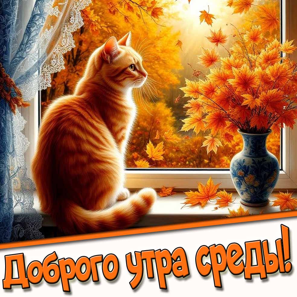 Доброго утра среды! - осенняя картинка с кошкой