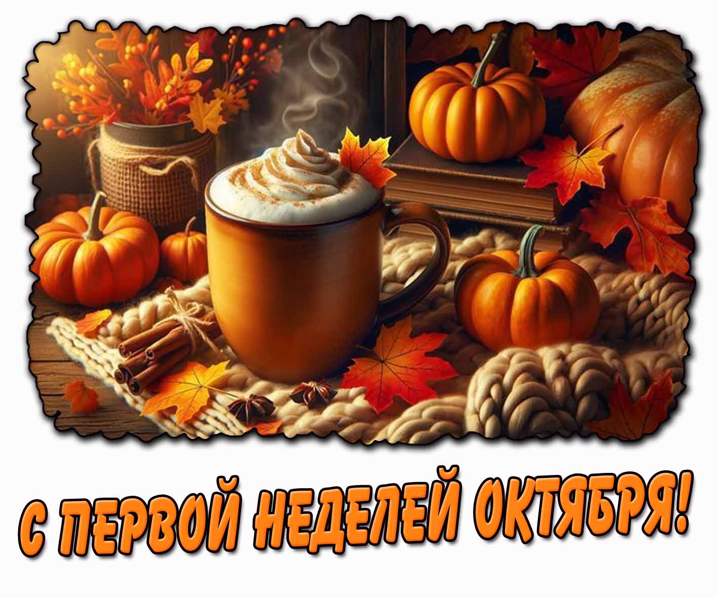 С первой неделей октября! - осенняя картинка с кофе