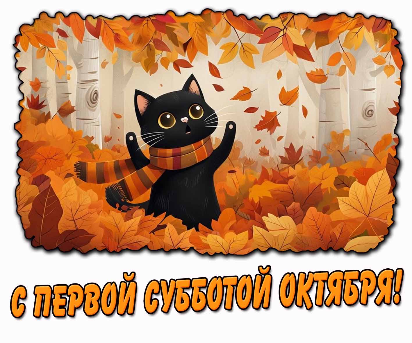 С первой субботой октября! - осенняя картинка с котиком