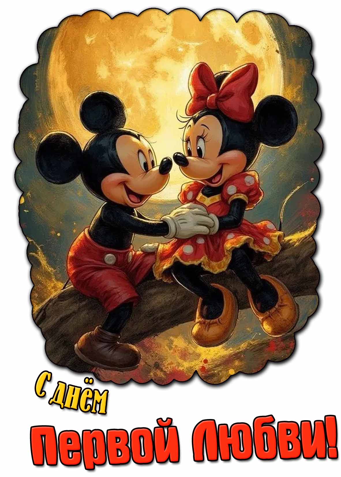 Прикольная мультяшная открытка с днём первой любви