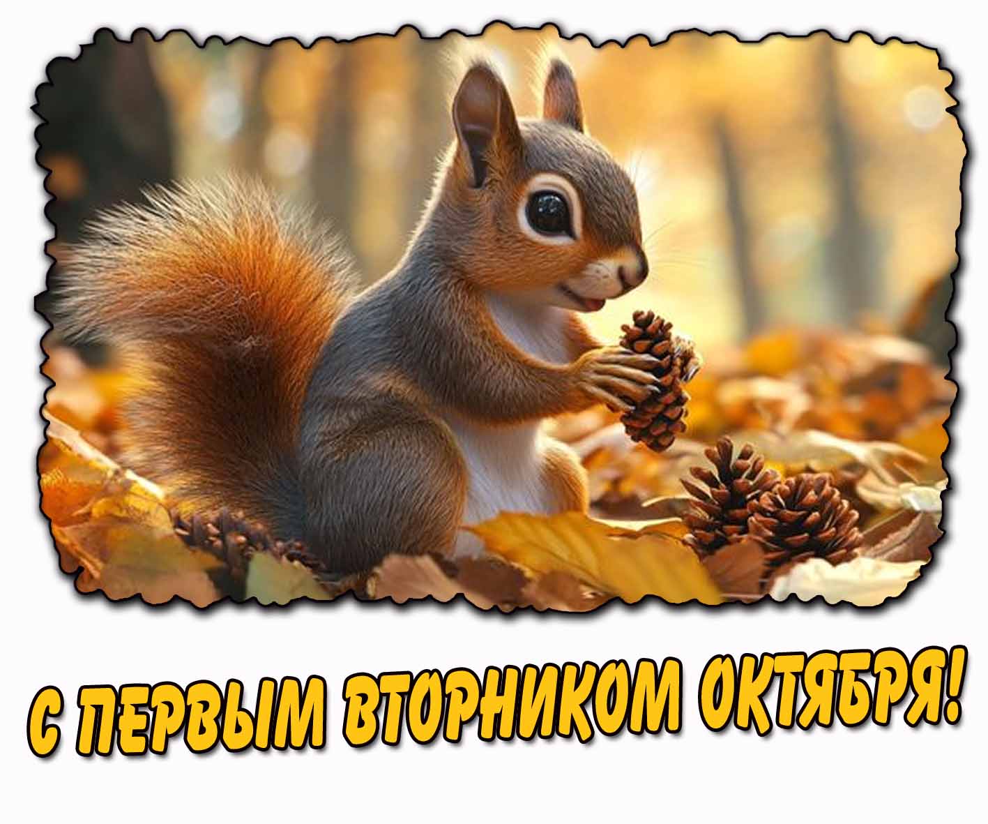 С первым вторником октября! - осенняя открытка с белочкой