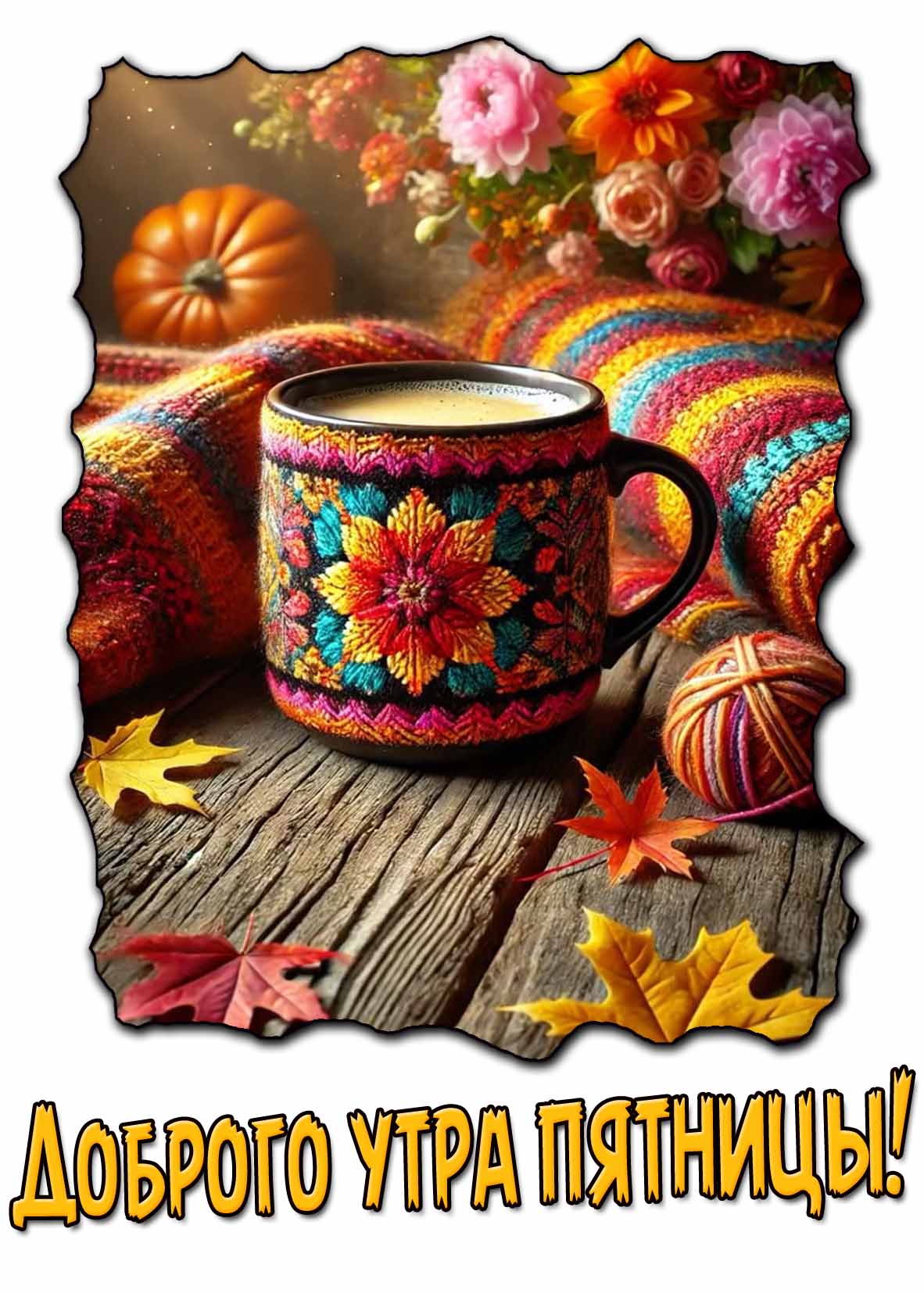 Доброго утра пятницы! - осенняя открытка с кофе