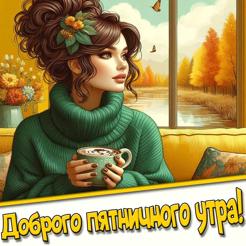 Доброго пятничного утра! - осенняя картинка с девушкой с кофе