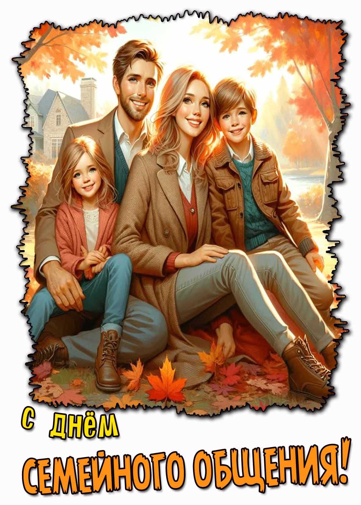 Новая, яркая осенняя картинка с большим семейством и поздравительной надписью : С днём семейного общения!