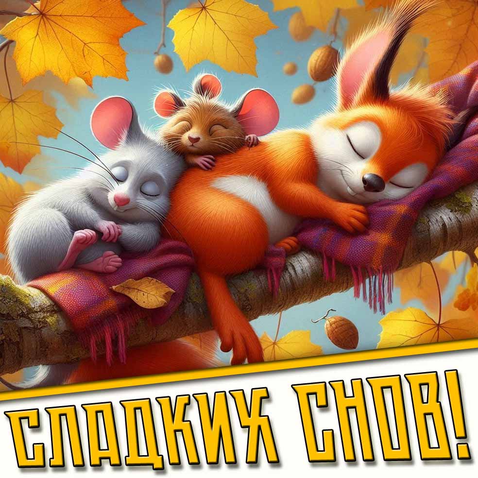 Сладких снов! - осенняя картинка со зверятами