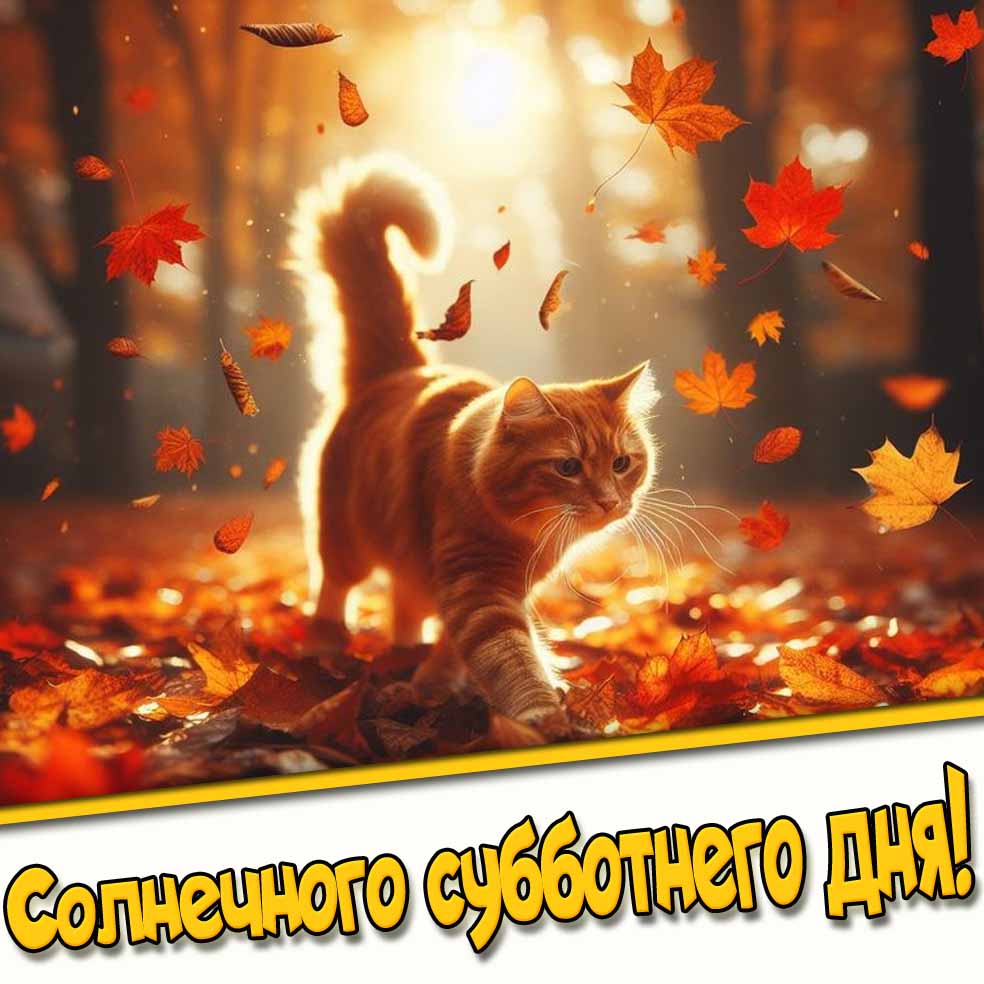 Солнечного субботнего дня! - осенняя открытка с кошкой