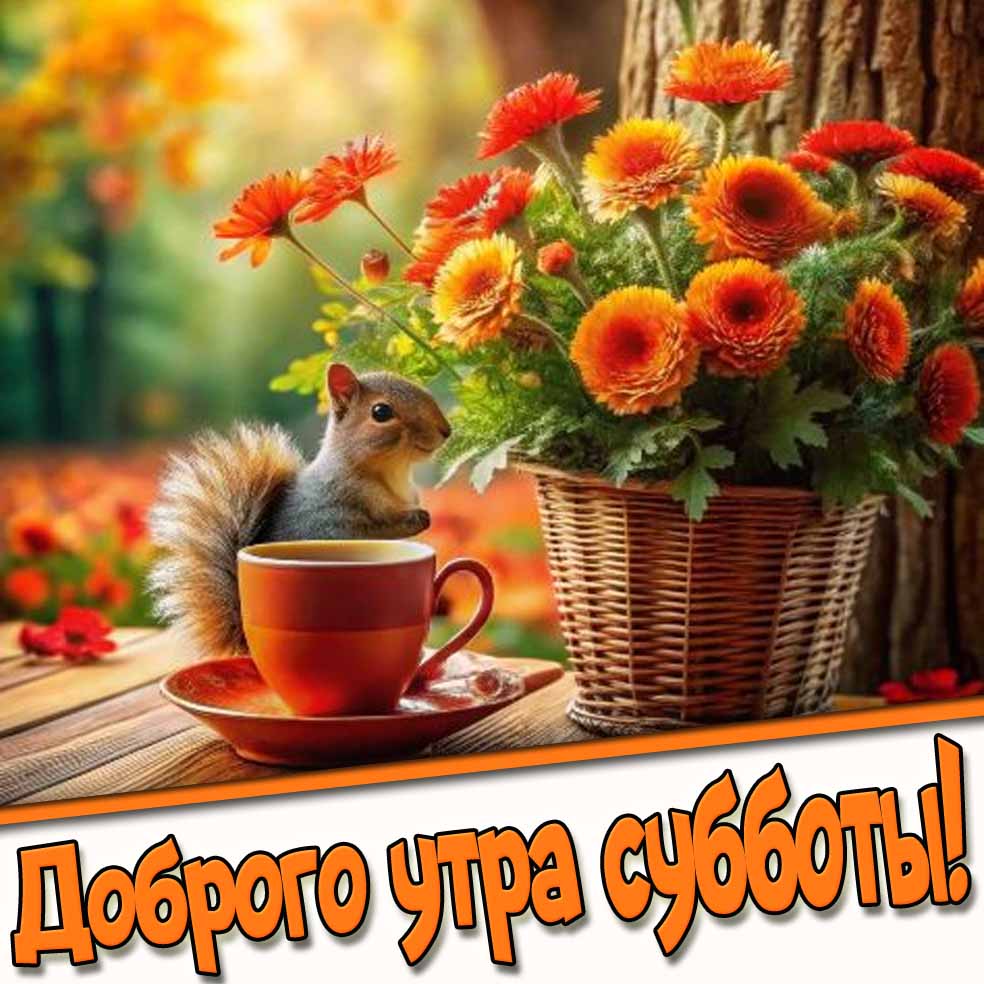 Доброго утра субботы! - открытка с белочкой и цветами