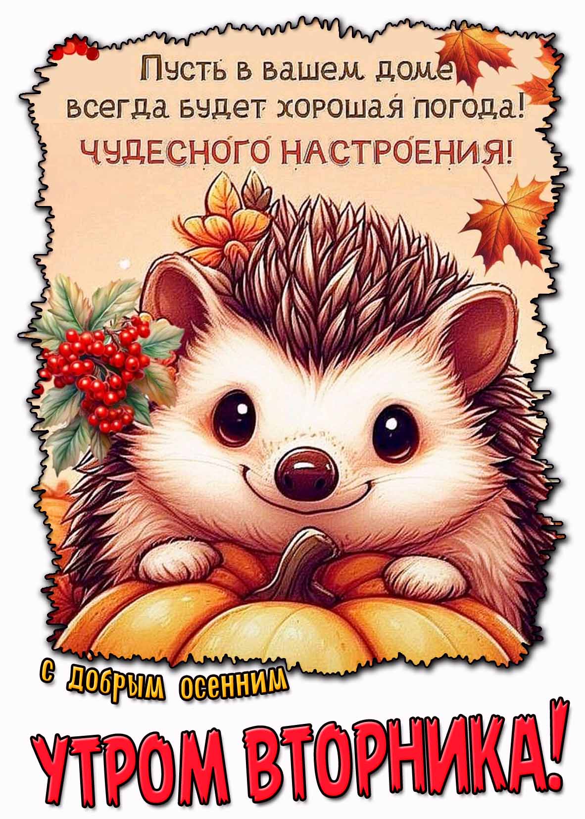 Открытка "С добрым осенним утром вторника! Чудесного настроения!"