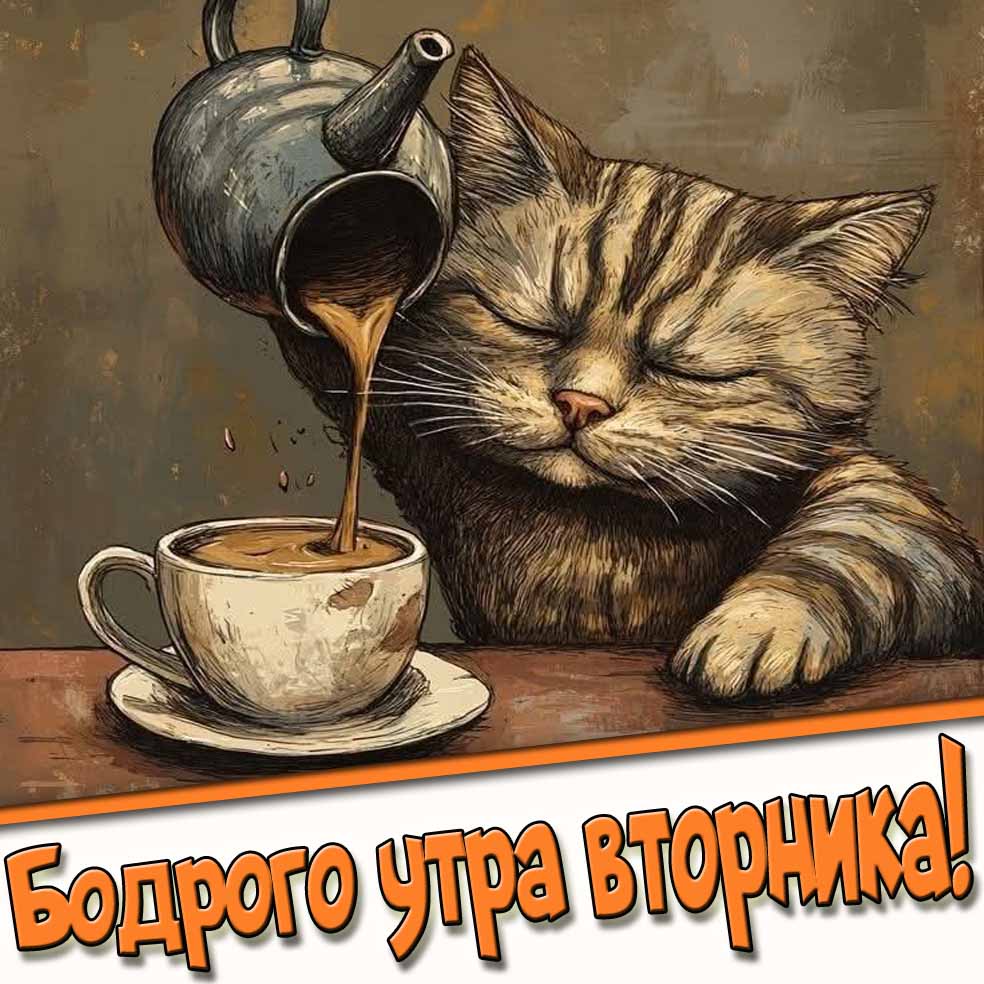 Бодрого утра вторника! - прикольная картинка с котом и кофе