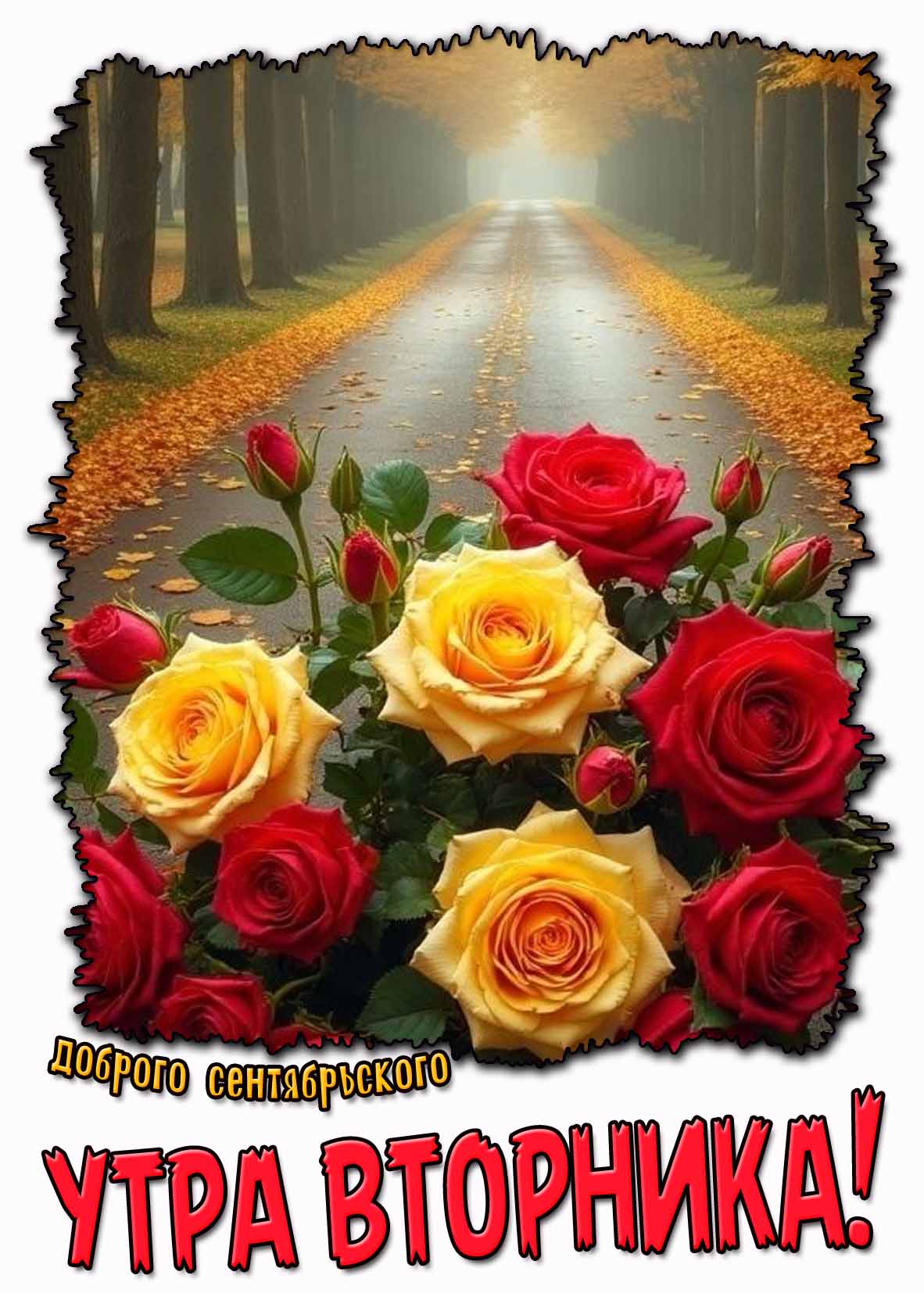 Доброго сентябрьского утра вторника! - осенняя открытка с розами