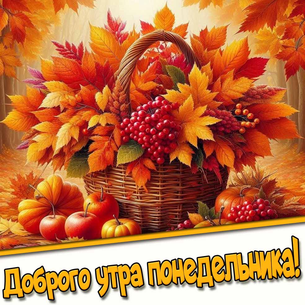 Доброго утра понедельника! - открытка с корзиной осенних листьев